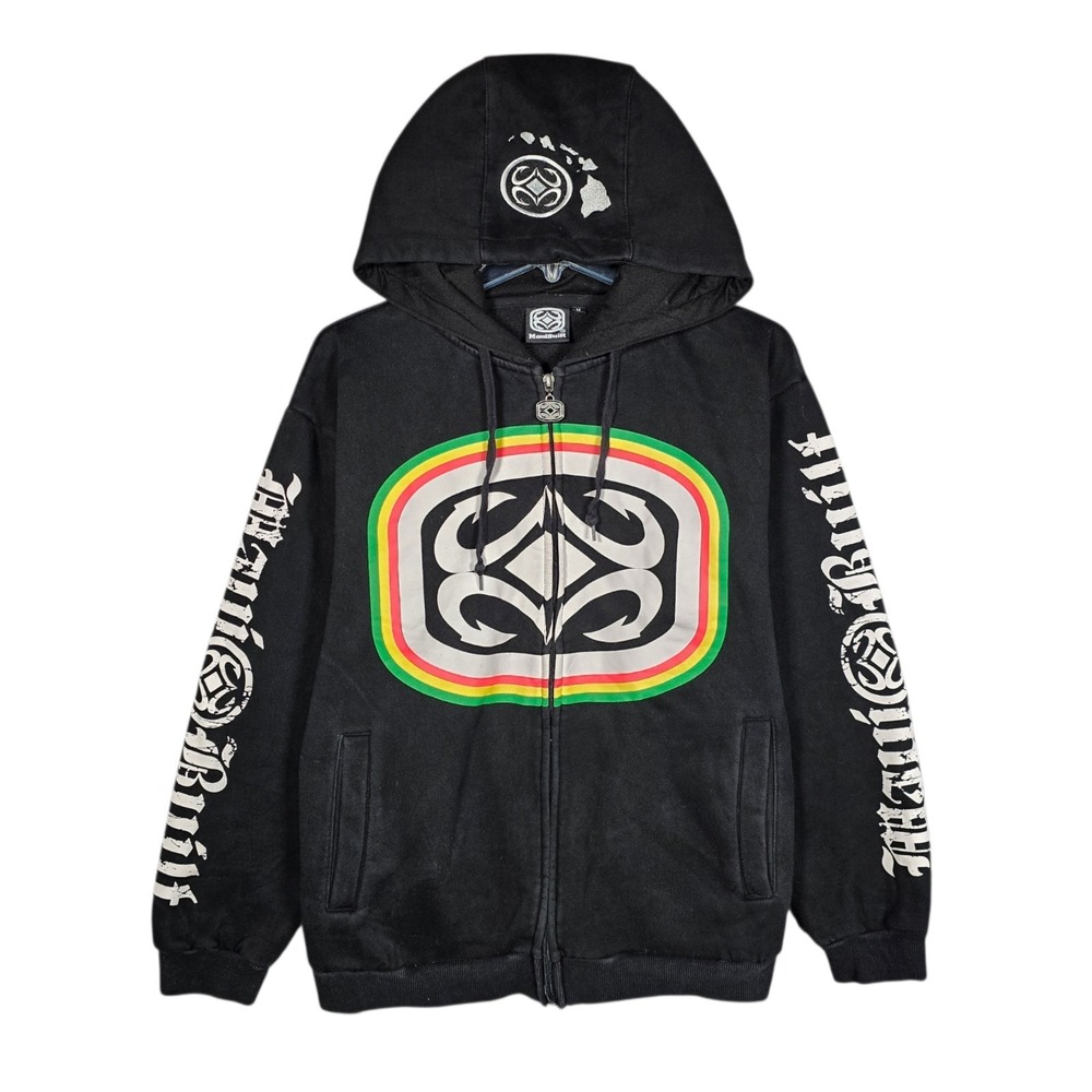 Maui‎ Built Hoodie Mens Medium Full Zip Up Tribal Surfing Quiksilver Y2K Black